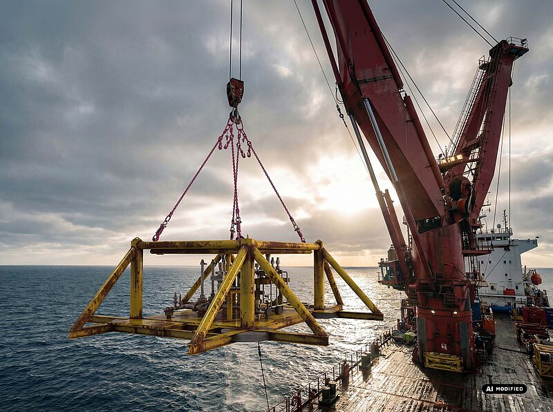 Ein Schiffskran hebt eine gelbe Subsea-Stahlkonstruktion mit Anschlagketten über das Meer
