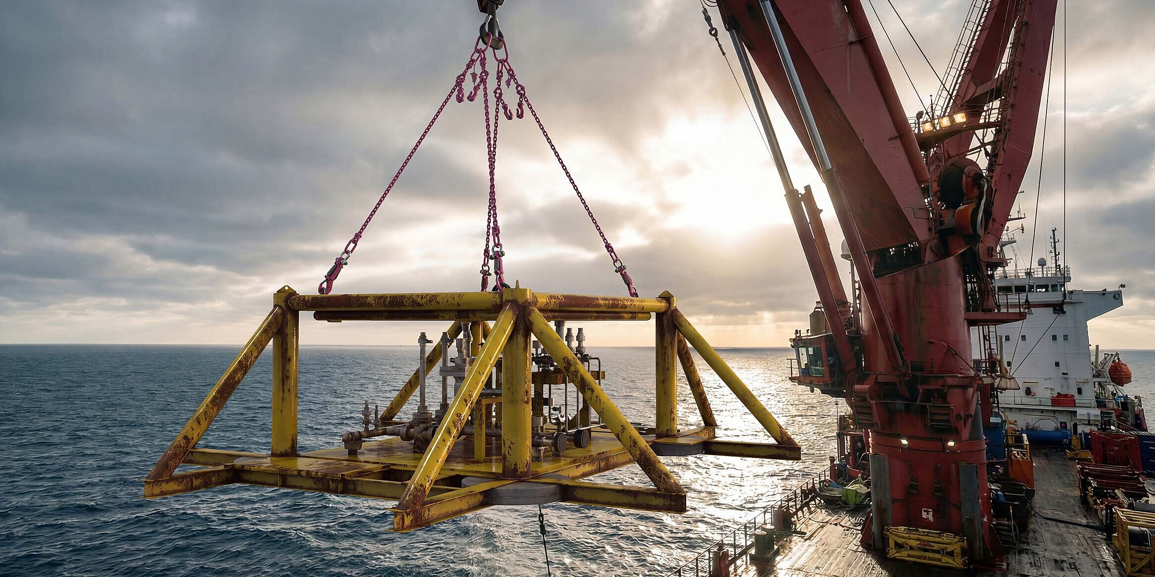 Ein Schiffskran hebt eine gelbe Subsea-Stahlkonstruktion mit Anschlagketten über das Meer