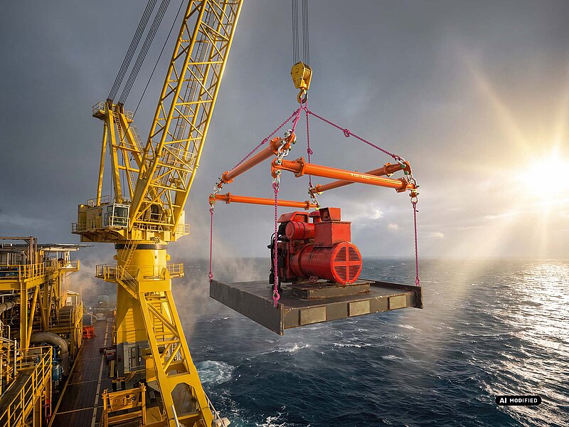 Ein Offshore-Kran hebt mit einer Lasttraverse ein rotes Aggregat auf einer Stahlplatte über das Meer