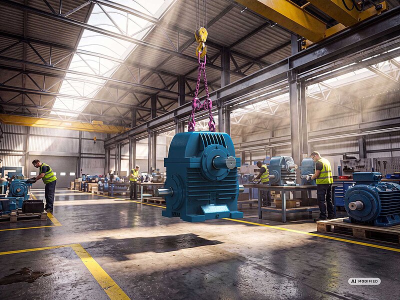 Ein Hallenkran hebt ein blaues Schneckengetriebe in einer Fabrikhalle, im Hintergrund arbeiten mehrere Mitarbeiter an ähnlichen Getrieben
